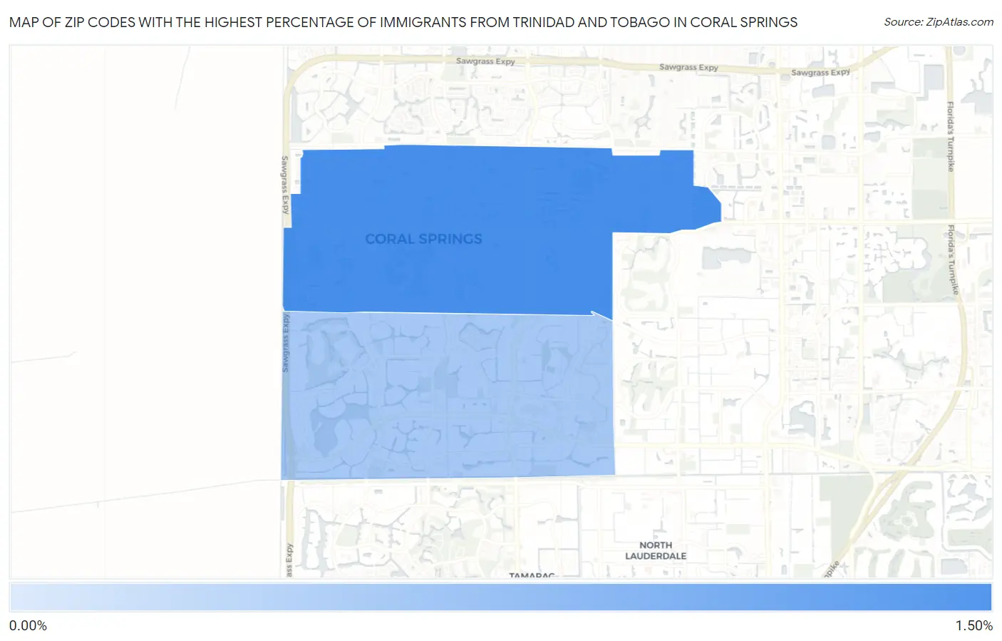 Zip Codes with the Highest Percentage of Immigrants from Trinidad and Tobago in Coral Springs Map
