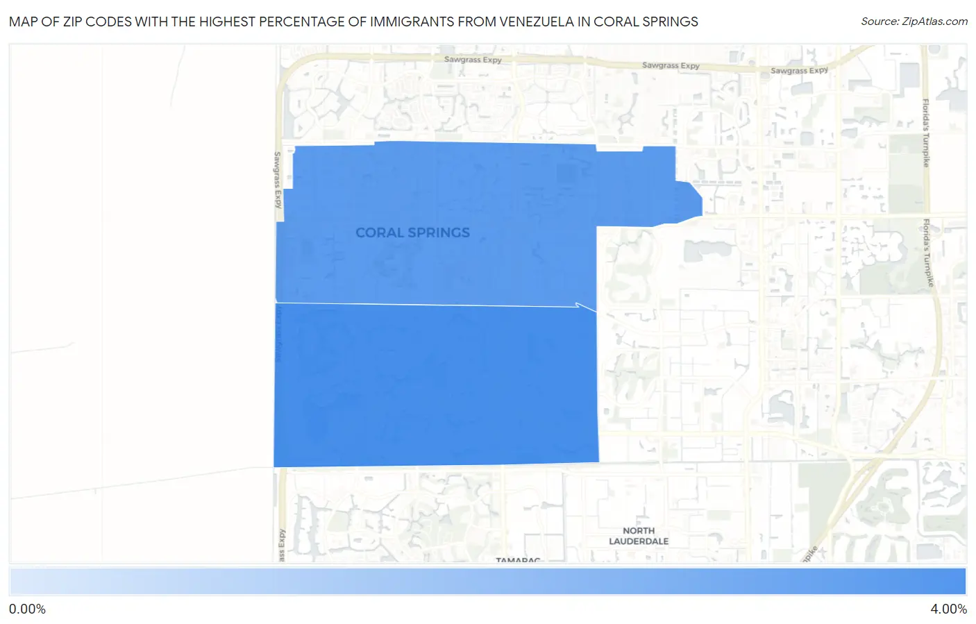 Zip Codes with the Highest Percentage of Immigrants from Venezuela in Coral Springs Map