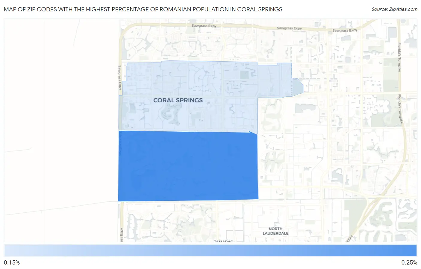 Zip Codes with the Highest Percentage of Romanian Population in Coral Springs Map