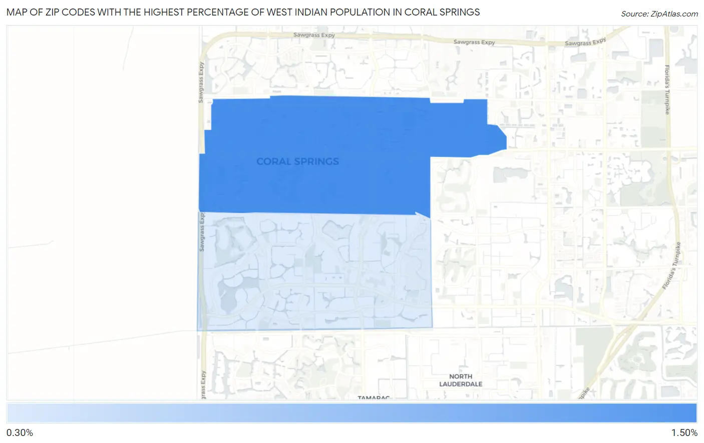 Zip Codes with the Highest Percentage of West Indian Population in Coral Springs Map