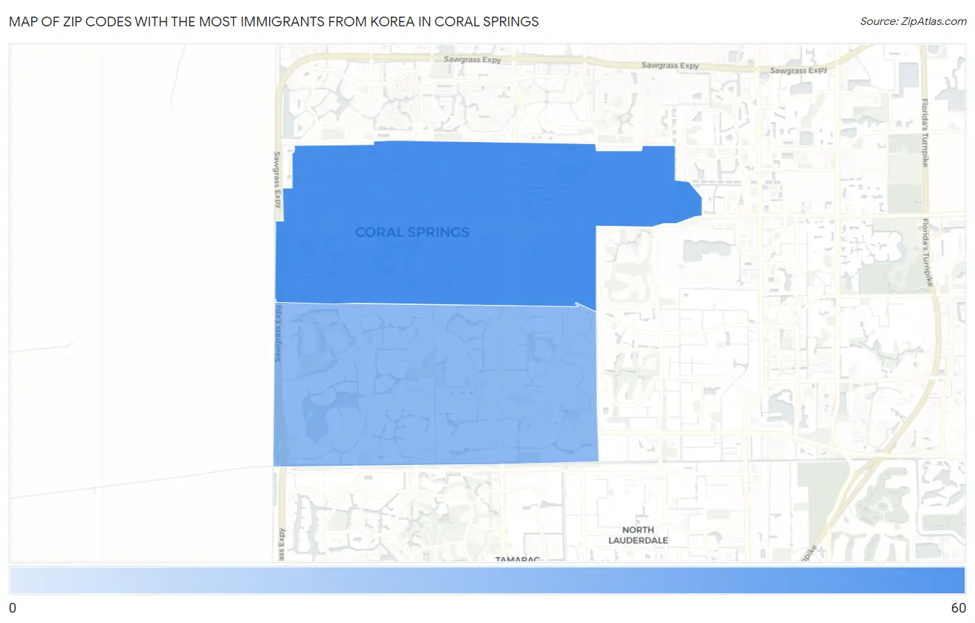 Zip Codes with the Most Immigrants from Korea in Coral Springs Map