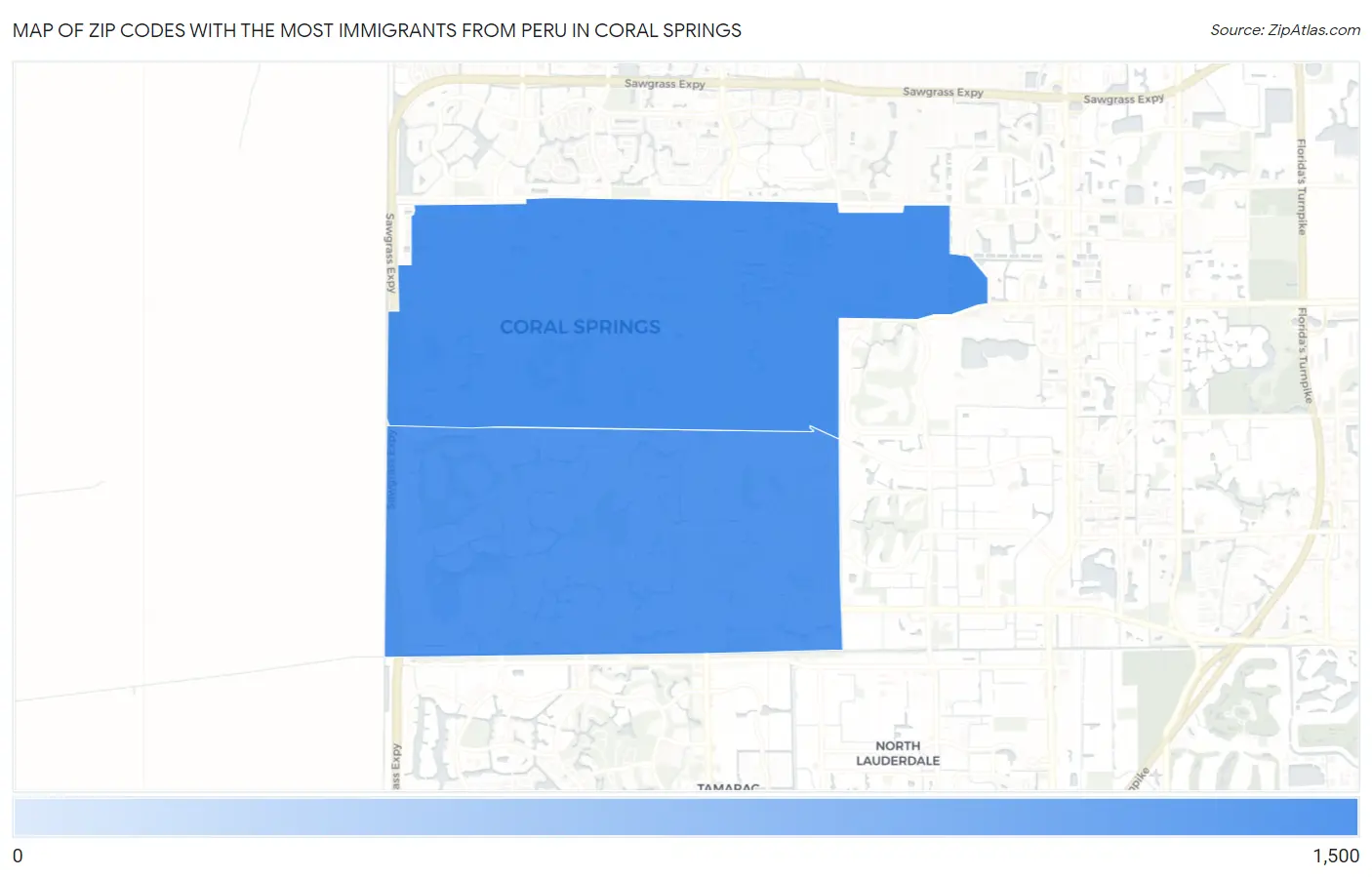 Zip Codes with the Most Immigrants from Peru in Coral Springs Map