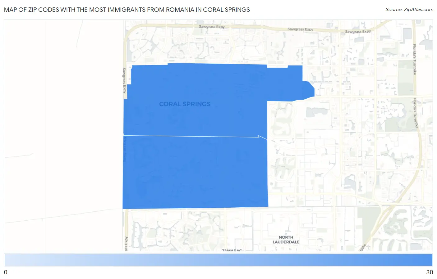 Zip Codes with the Most Immigrants from Romania in Coral Springs Map