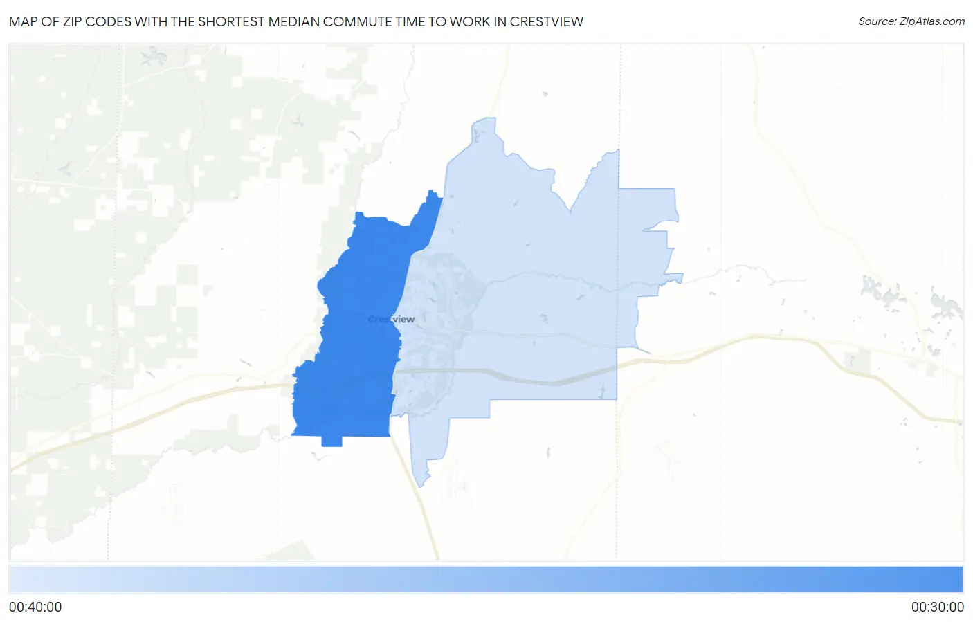 Zip Codes with the Shortest Median Commute Time to Work in Crestview Map