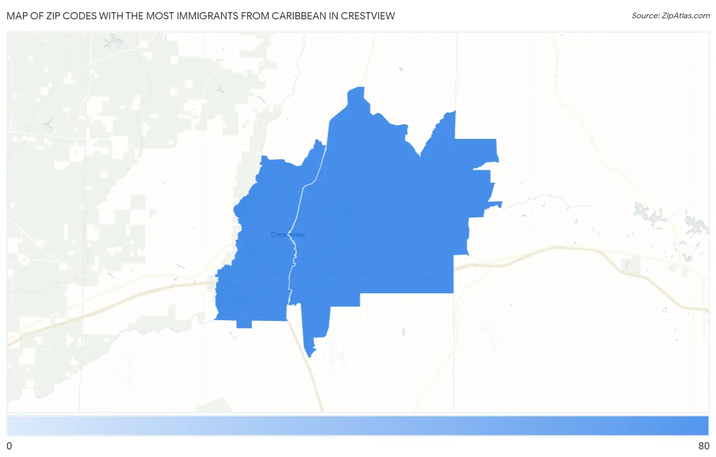 Zip Codes with the Most Immigrants from Caribbean in Crestview Map