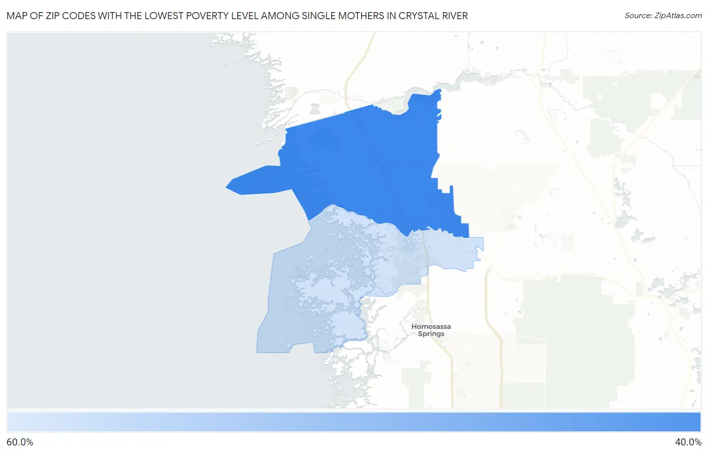 Zip Codes with the Lowest Poverty Level Among Single Mothers in Crystal River Map
