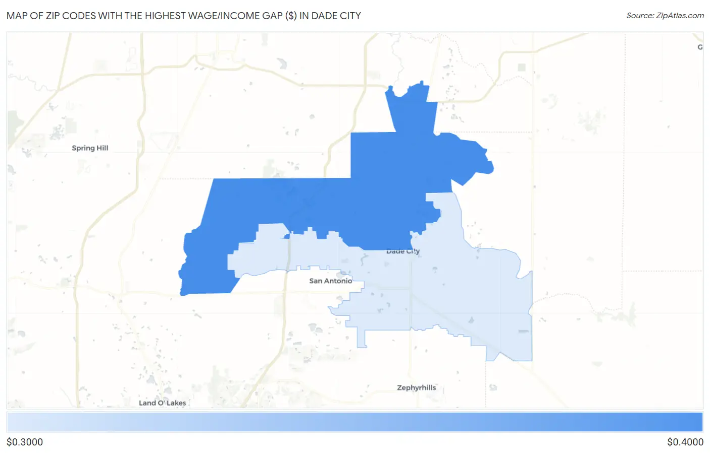 Zip Codes with the Highest Wage/Income Gap ($) in Dade City Map
