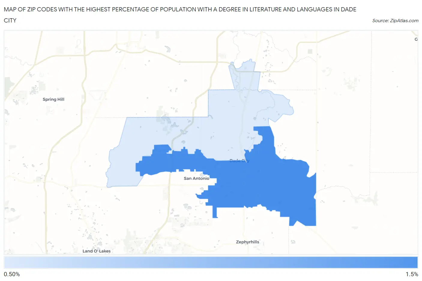 Zip Codes with the Highest Percentage of Population with a Degree in Literature and Languages in Dade City Map