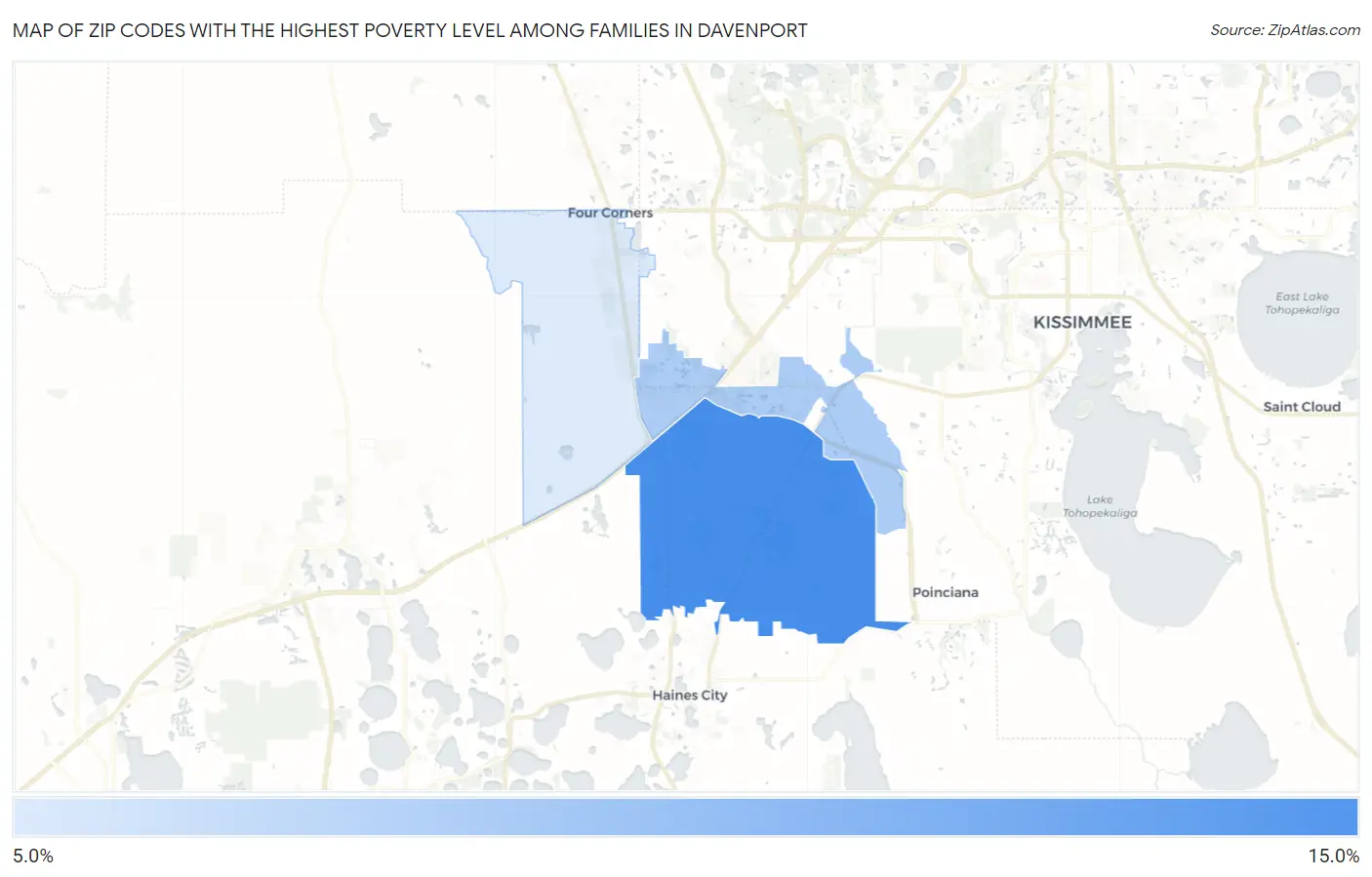 Zip Codes with the Highest Poverty Level Among Families in Davenport Map