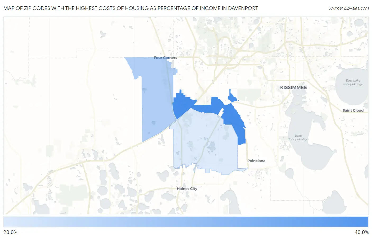 Zip Codes with the Highest Costs of Housing as Percentage of Income in Davenport Map