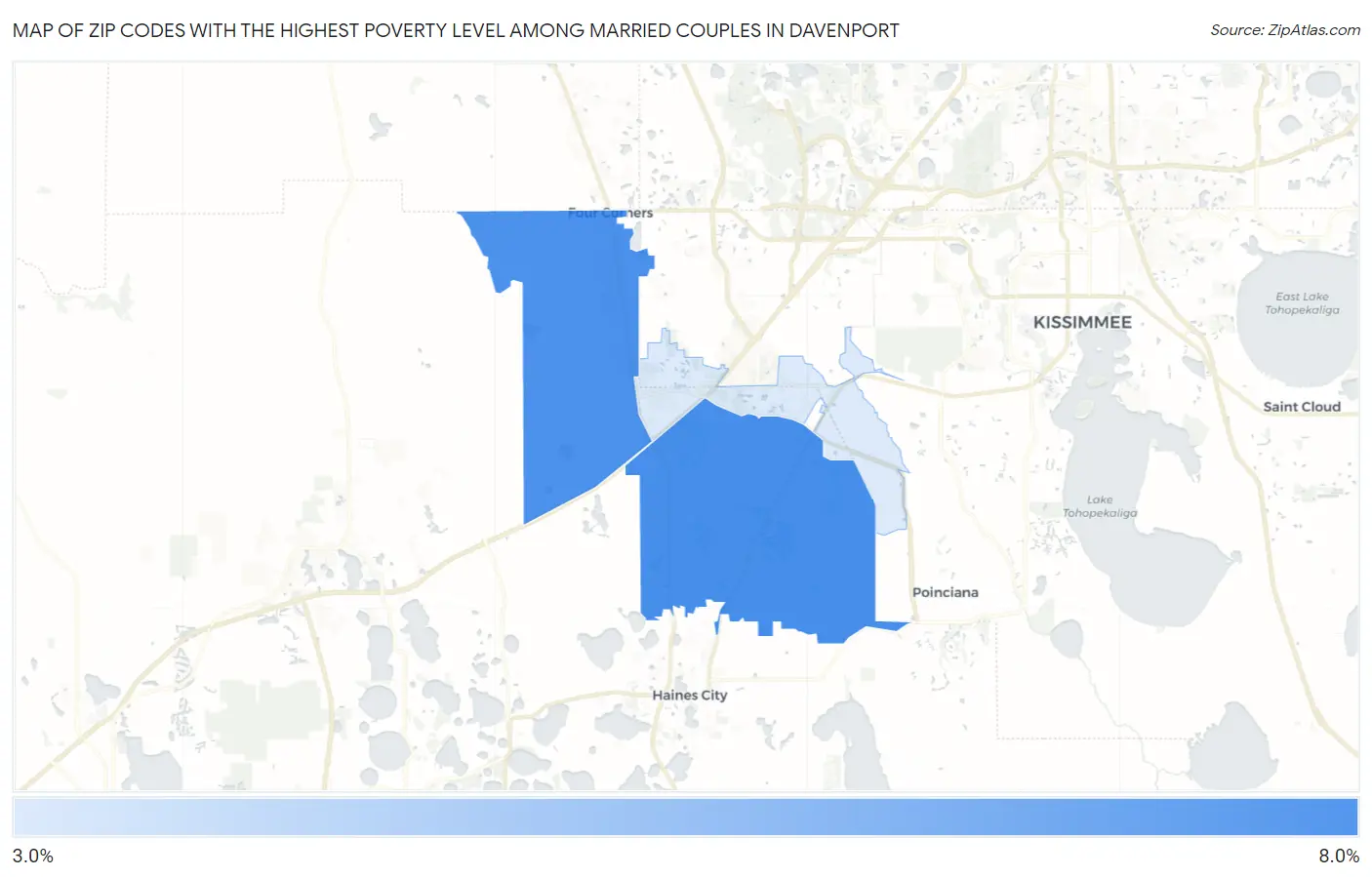 Zip Codes with the Highest Poverty Level Among Married Couples in Davenport Map