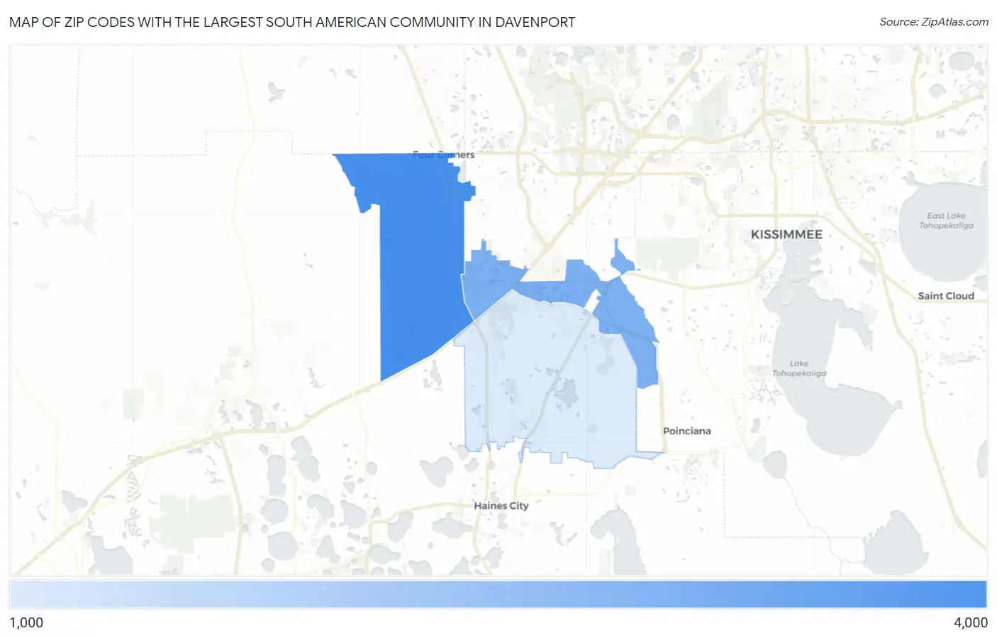 Zip Codes with the Largest South American Community in Davenport Map