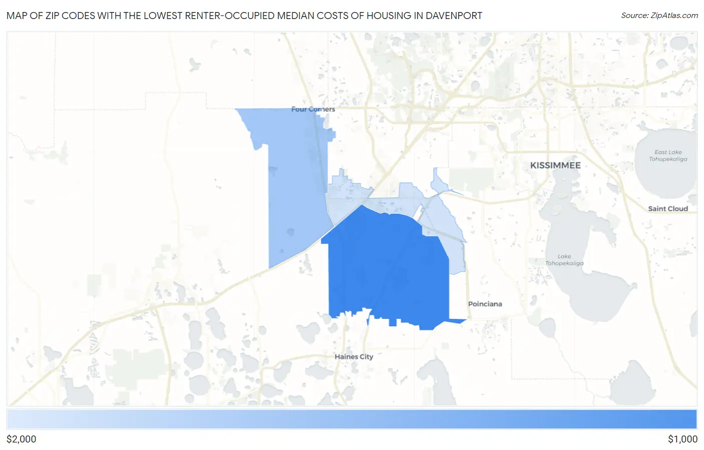 Zip Codes with the Lowest Renter-Occupied Median Costs of Housing in Davenport Map