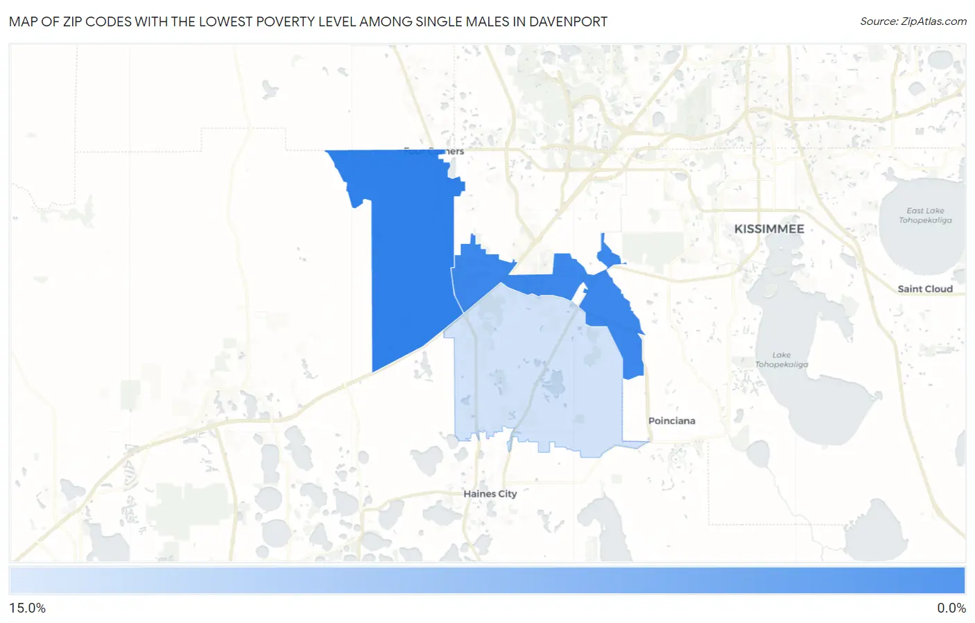 Zip Codes with the Lowest Poverty Level Among Single Males in Davenport Map