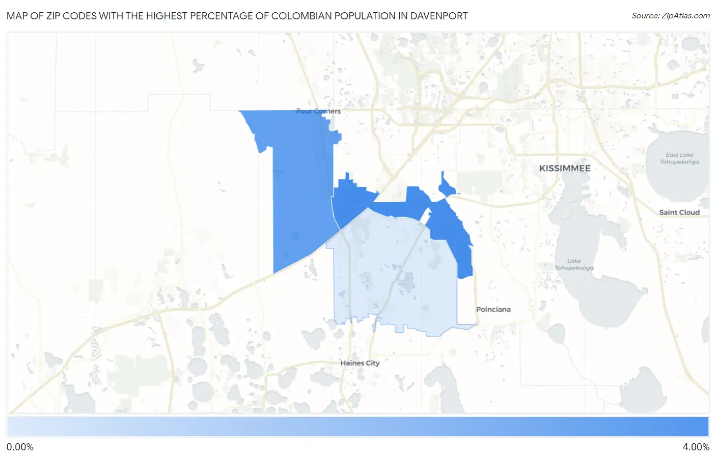 Zip Codes with the Highest Percentage of Colombian Population in Davenport Map