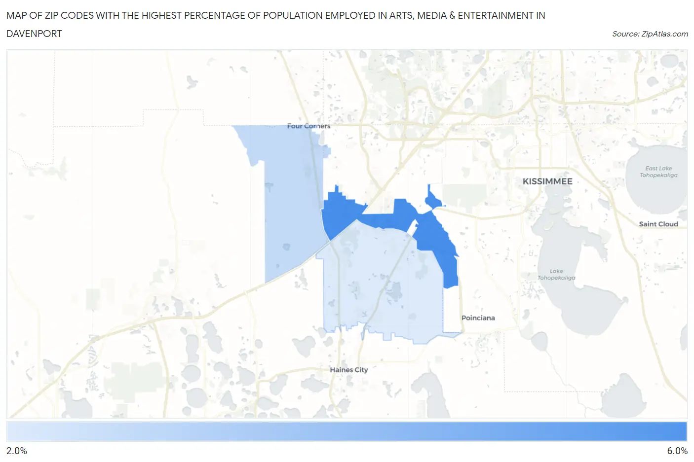 Zip Codes with the Highest Percentage of Population Employed in Arts, Media & Entertainment in Davenport Map