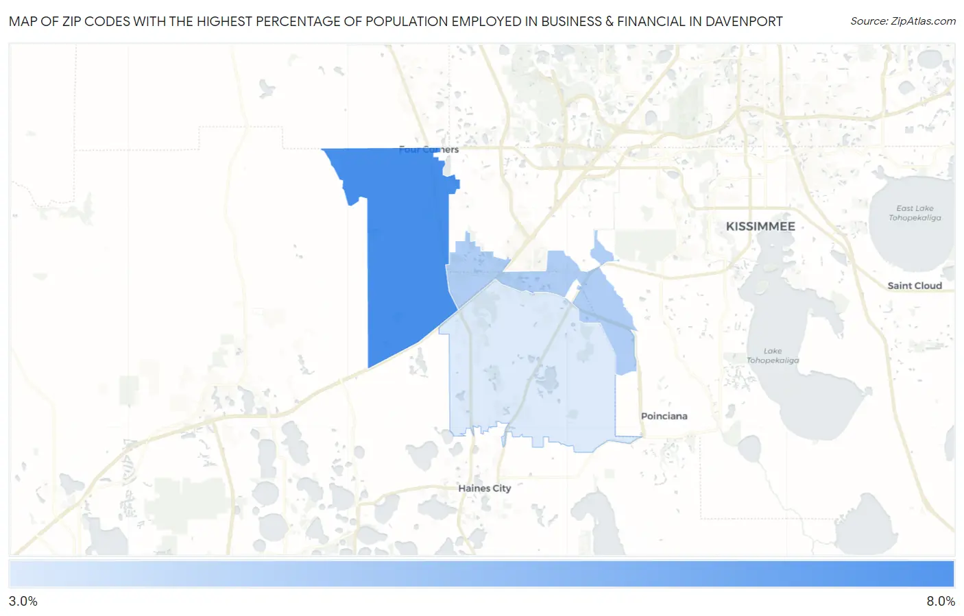 Zip Codes with the Highest Percentage of Population Employed in Business & Financial in Davenport Map