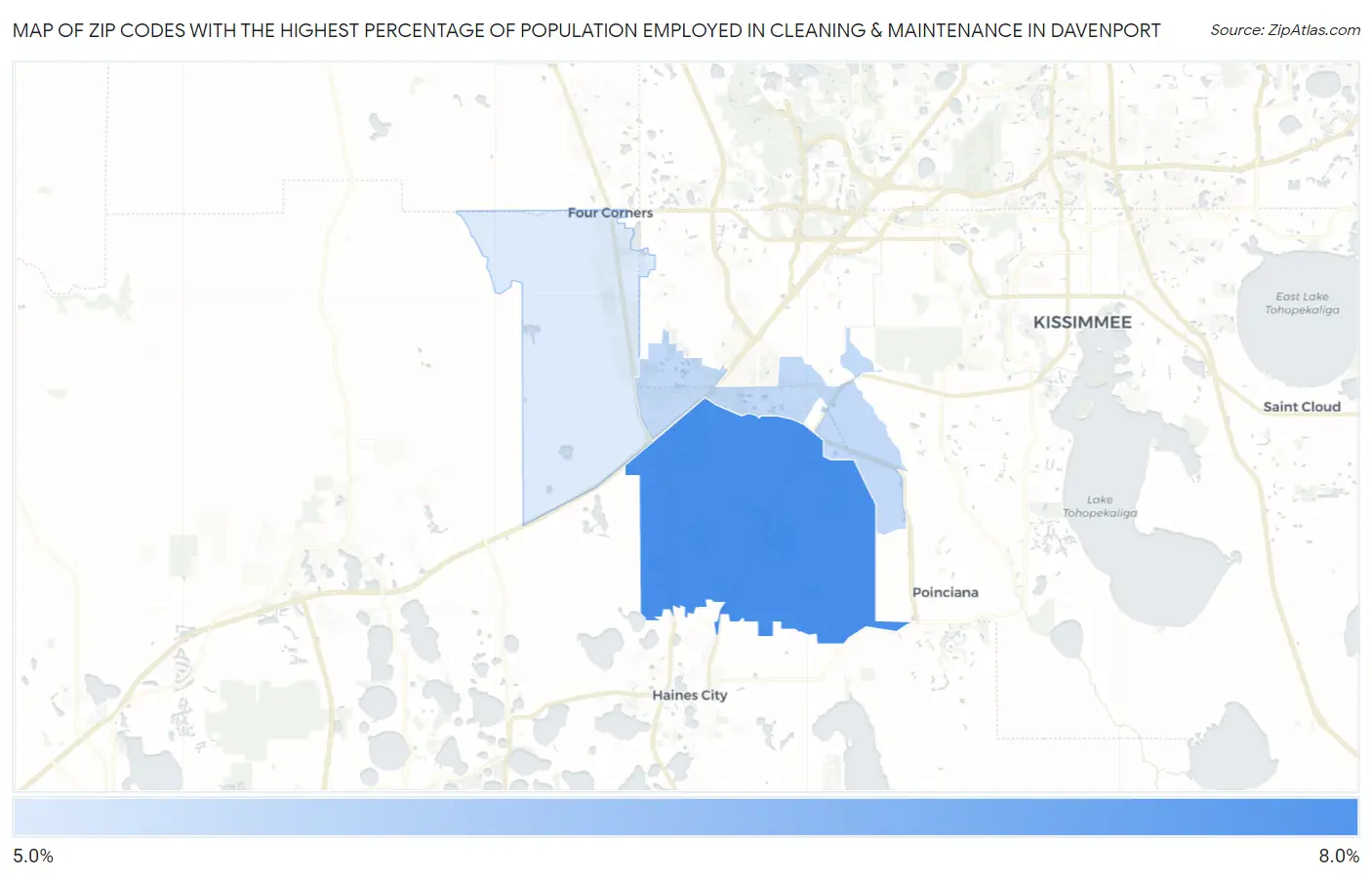 Zip Codes with the Highest Percentage of Population Employed in Cleaning & Maintenance in Davenport Map