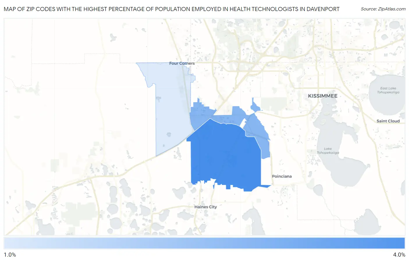 Zip Codes with the Highest Percentage of Population Employed in Health Technologists in Davenport Map