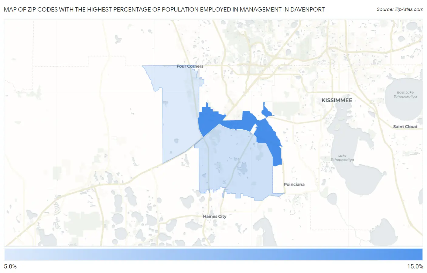 Zip Codes with the Highest Percentage of Population Employed in Management in Davenport Map
