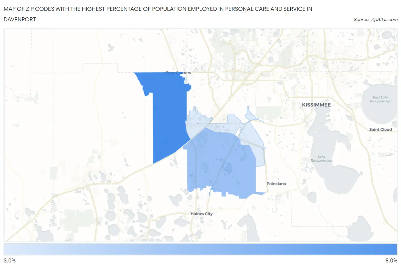 Zip Codes with the Highest Percentage of Population Employed in Personal Care and Service in Davenport Map