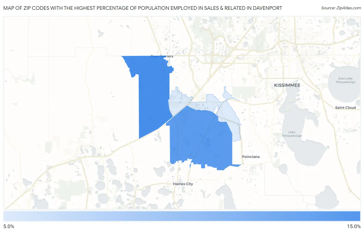 Zip Codes with the Highest Percentage of Population Employed in Sales & Related in Davenport Map