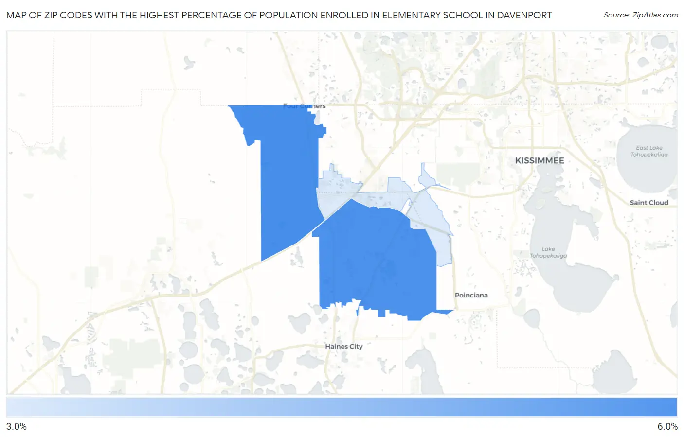 Zip Codes with the Highest Percentage of Population Enrolled in Elementary School in Davenport Map