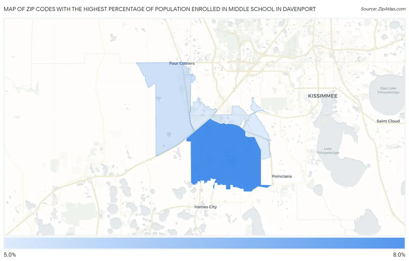 Zip Codes with the Highest Percentage of Population Enrolled in Middle School in Davenport Map
