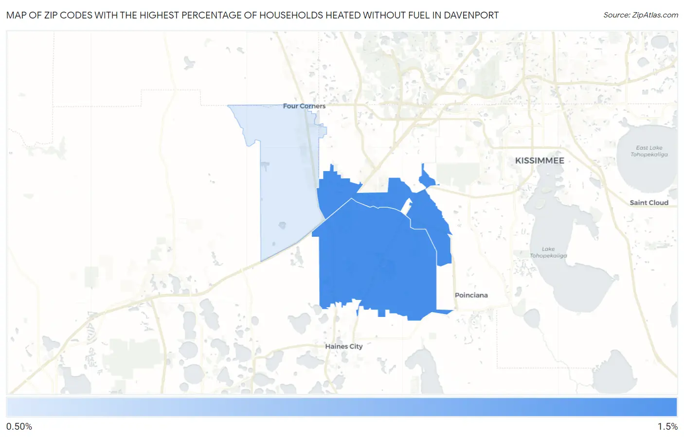Zip Codes with the Highest Percentage of Households Heated without Fuel in Davenport Map