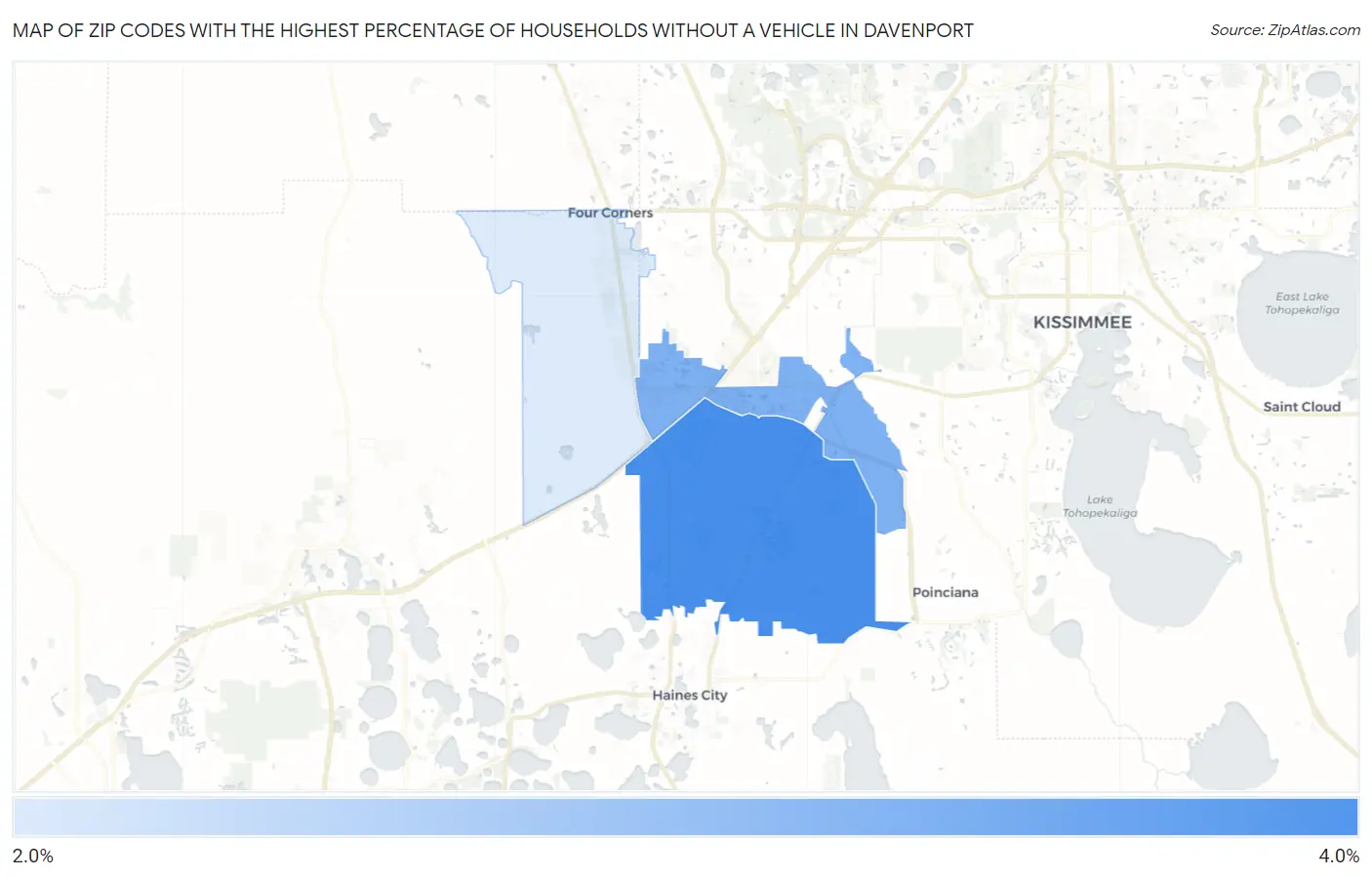 Zip Codes with the Highest Percentage of Households Without a Vehicle in Davenport Map