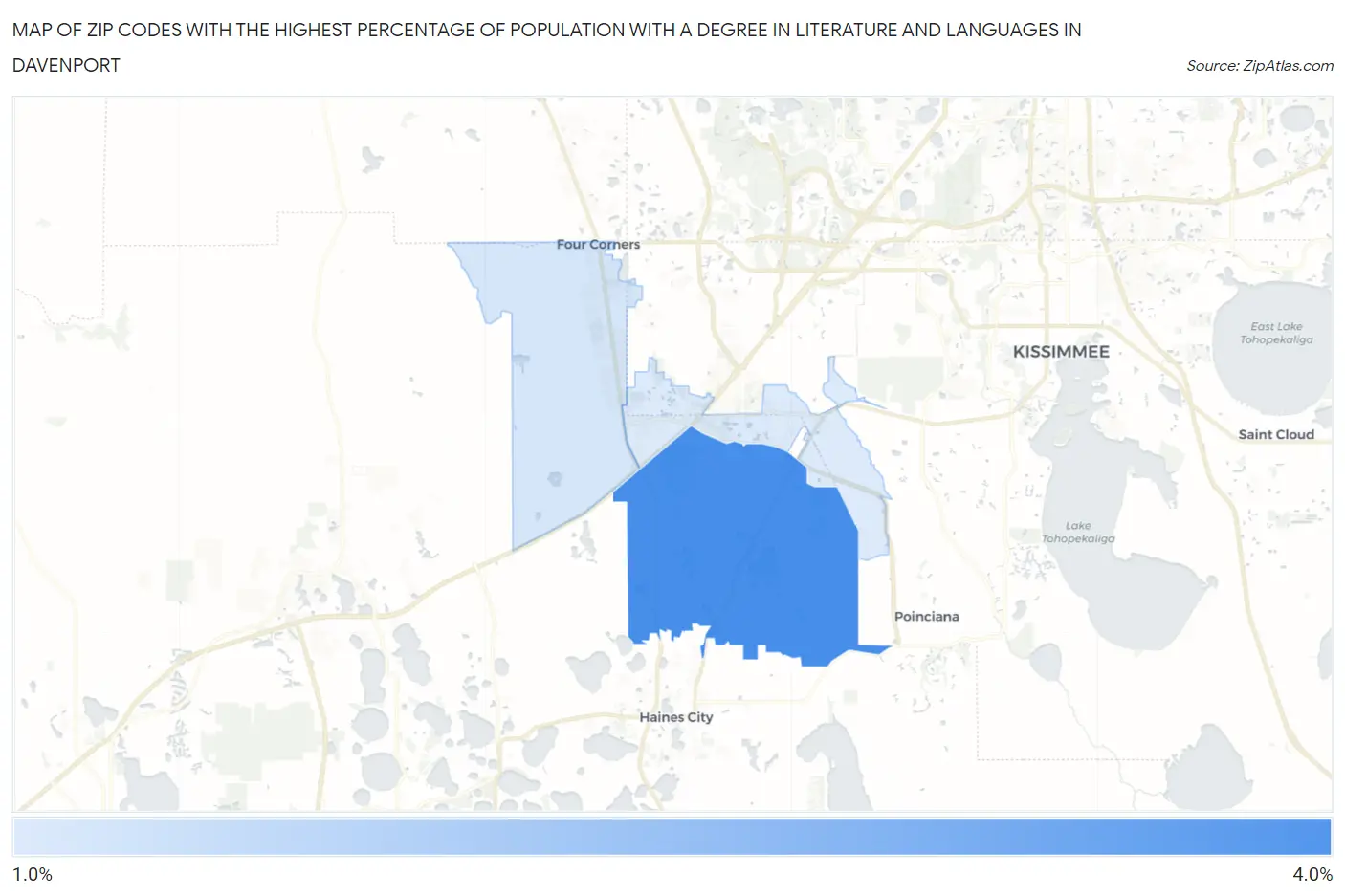 Zip Codes with the Highest Percentage of Population with a Degree in Literature and Languages in Davenport Map