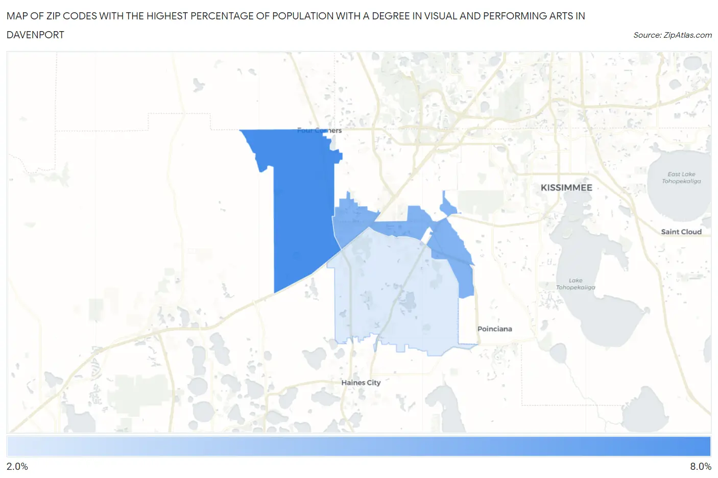 Zip Codes with the Highest Percentage of Population with a Degree in Visual and Performing Arts in Davenport Map