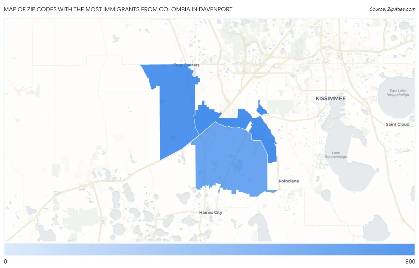 Zip Codes with the Most Immigrants from Colombia in Davenport Map