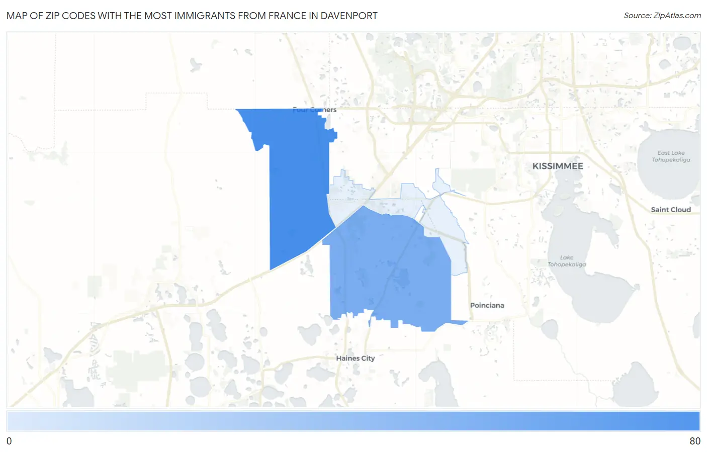 Zip Codes with the Most Immigrants from France in Davenport Map