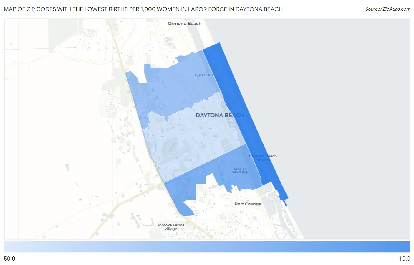 Zip Codes with the Lowest Births per 1,000 Women in Labor Force in Daytona Beach Map
