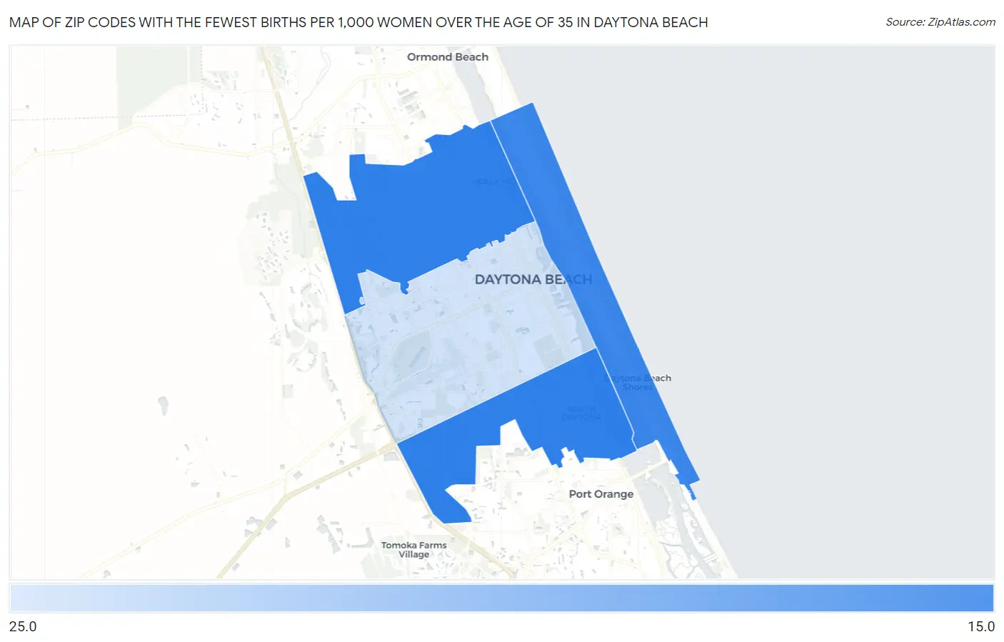 Zip Codes with the Fewest Births per 1,000 Women Over the Age of 35 in Daytona Beach Map