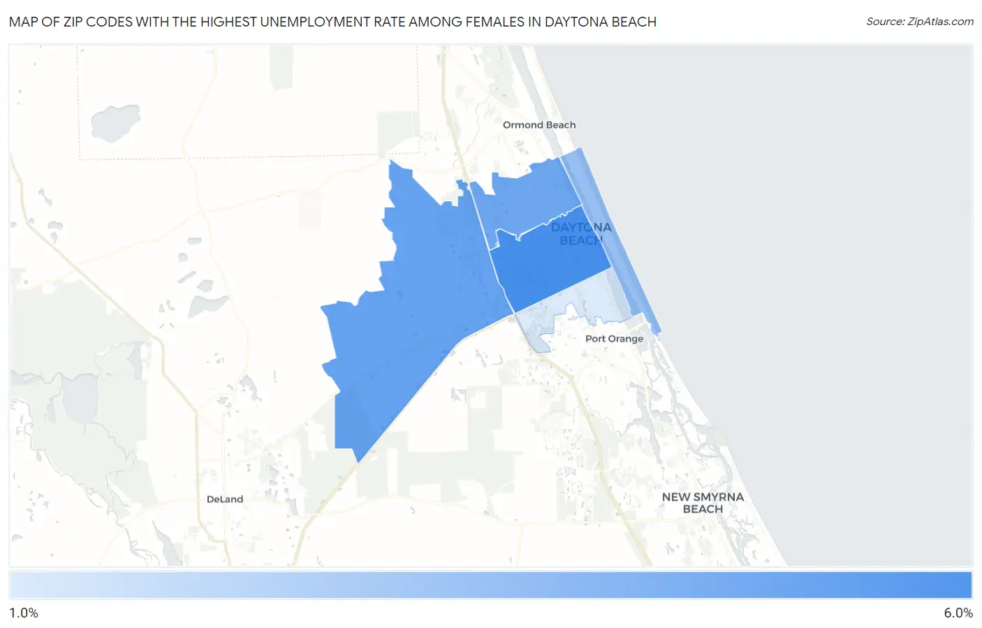 Zip Codes with the Highest Unemployment Rate Among Females in Daytona Beach Map