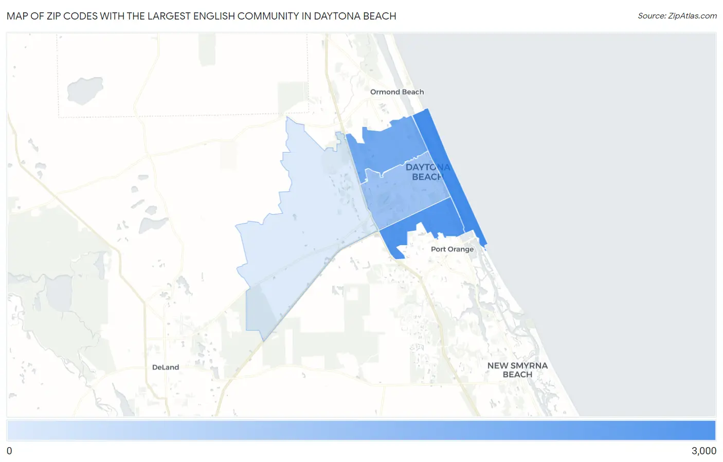 Zip Codes with the Largest English Community in Daytona Beach Map