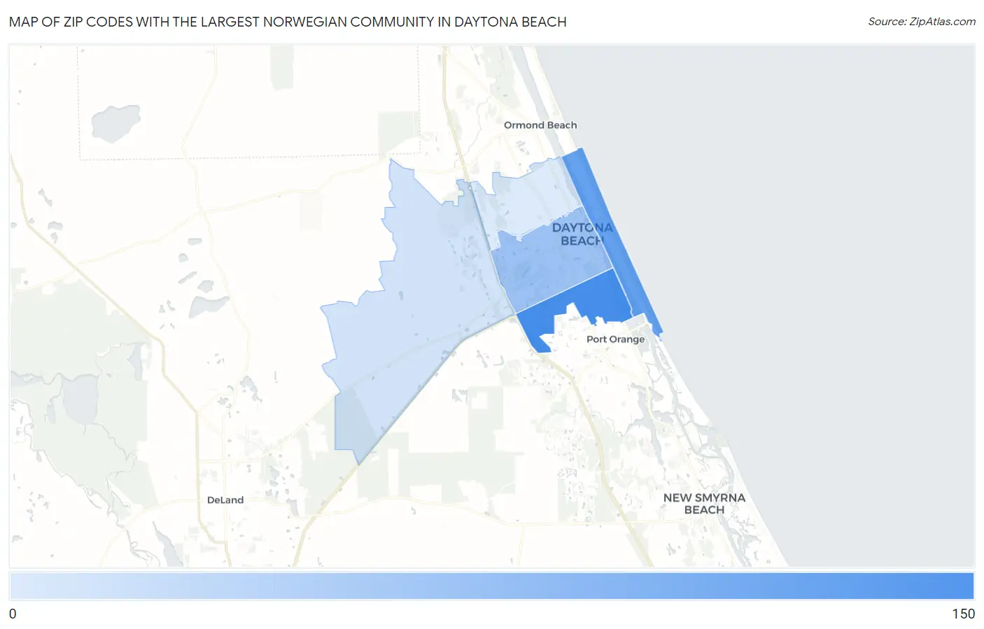Zip Codes with the Largest Norwegian Community in Daytona Beach Map