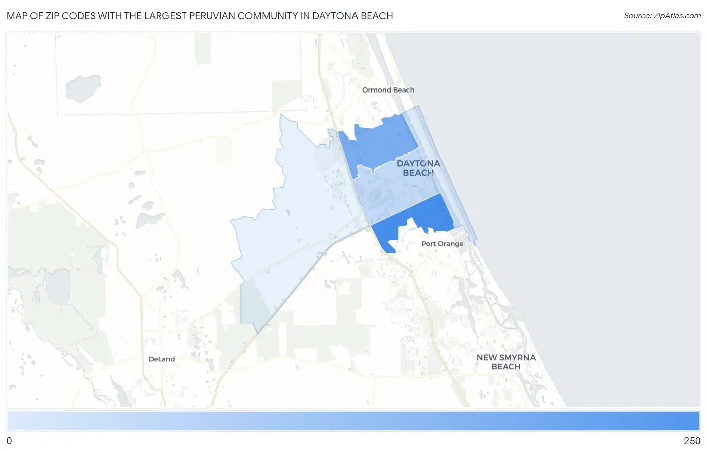 Zip Codes with the Largest Peruvian Community in Daytona Beach Map