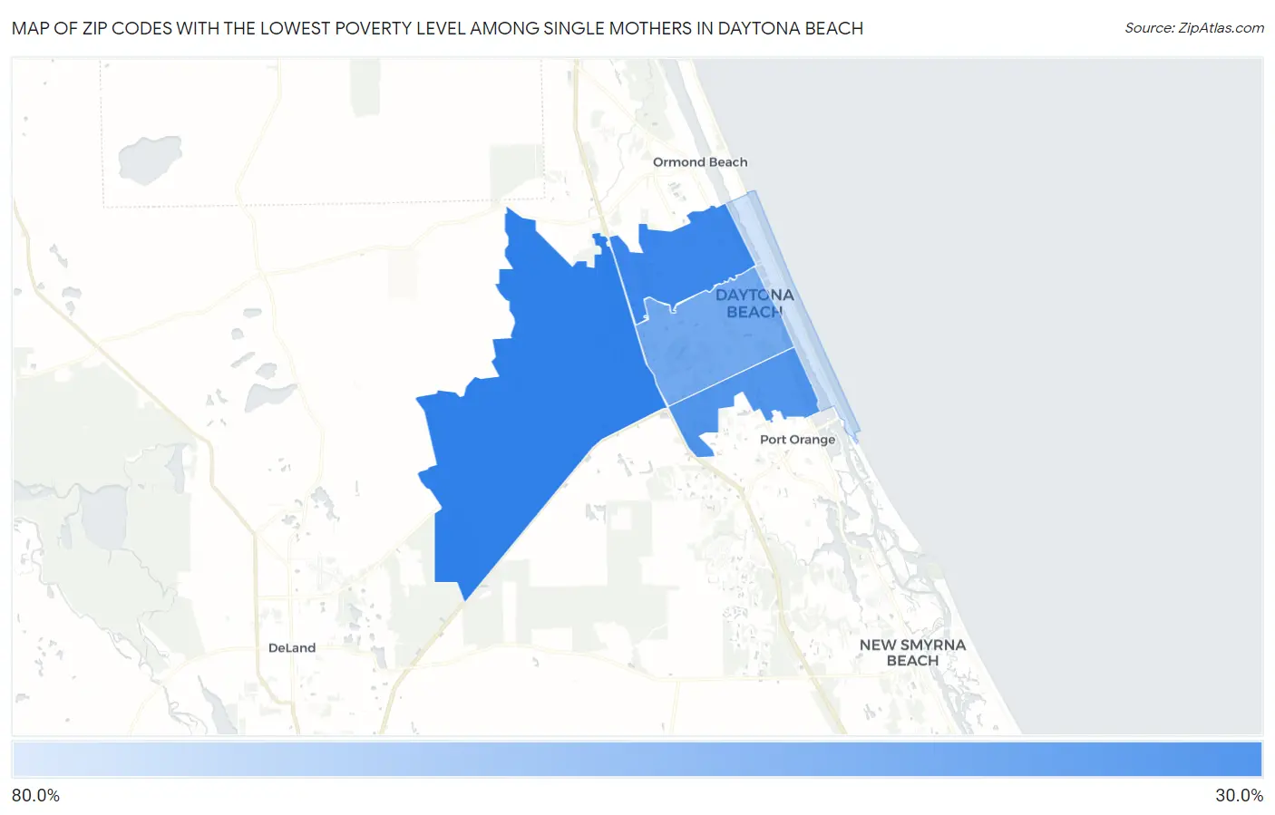 Zip Codes with the Lowest Poverty Level Among Single Mothers in Daytona Beach Map