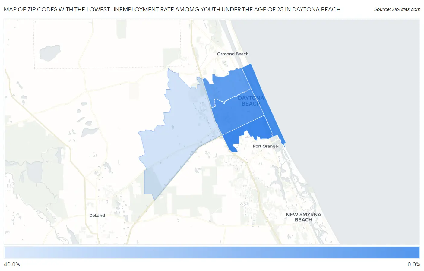 Zip Codes with the Lowest Unemployment Rate Amomg Youth Under the Age of 25 in Daytona Beach Map