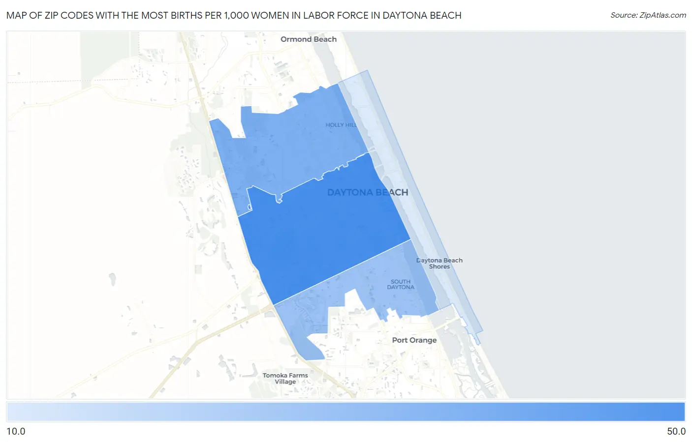 Zip Codes with the Most Births per 1,000 Women in Labor Force in Daytona Beach Map