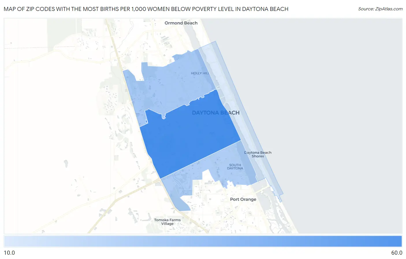 Zip Codes with the Most Births per 1,000 Women Below Poverty Level in Daytona Beach Map