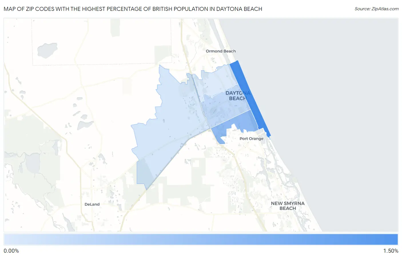 Zip Codes with the Highest Percentage of British Population in Daytona Beach Map