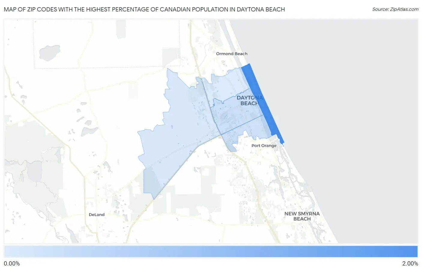 Zip Codes with the Highest Percentage of Canadian Population in Daytona Beach Map