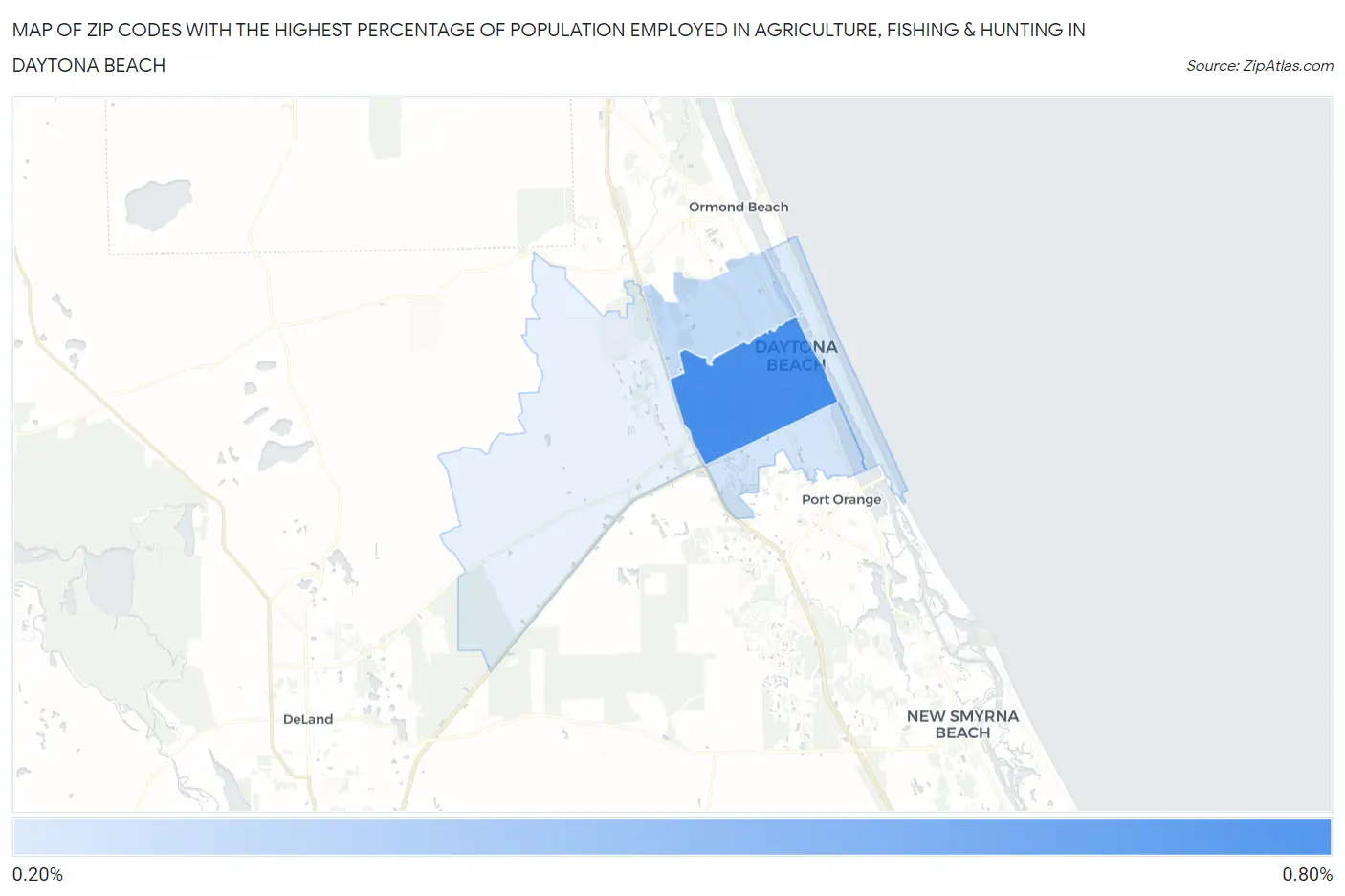 Zip Codes with the Highest Percentage of Population Employed in Agriculture, Fishing & Hunting in Daytona Beach Map
