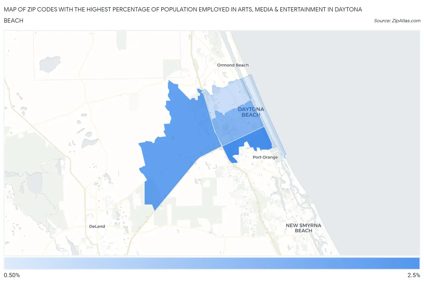 Zip Codes with the Highest Percentage of Population Employed in Arts, Media & Entertainment in Daytona Beach Map