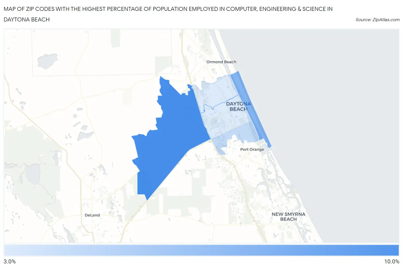 Zip Codes with the Highest Percentage of Population Employed in Computer, Engineering & Science in Daytona Beach Map