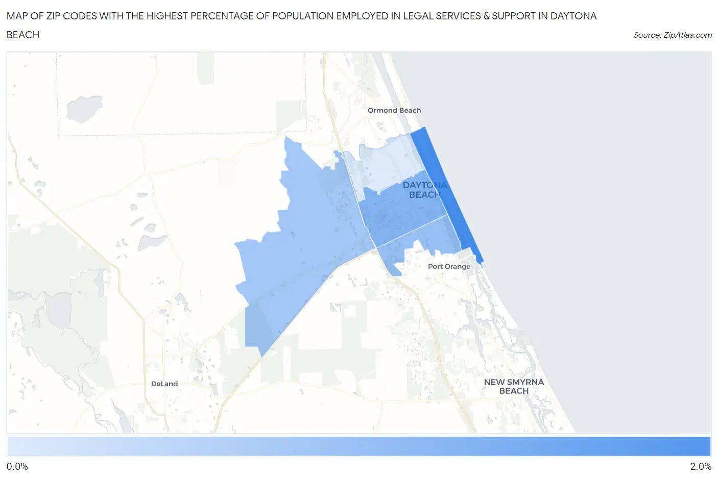 Zip Codes with the Highest Percentage of Population Employed in Legal Services & Support in Daytona Beach Map
